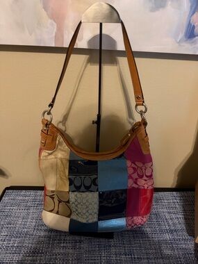 Coach Patchwork Multicolor Shoulder Bag with Tan Strap